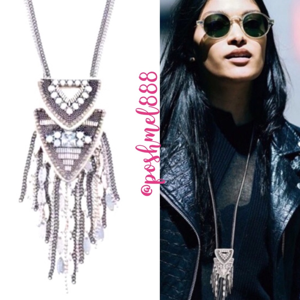 Stella & Dot | SILVER Leather Fringe Sparkle Beaded Chiara Pendant Neckl…